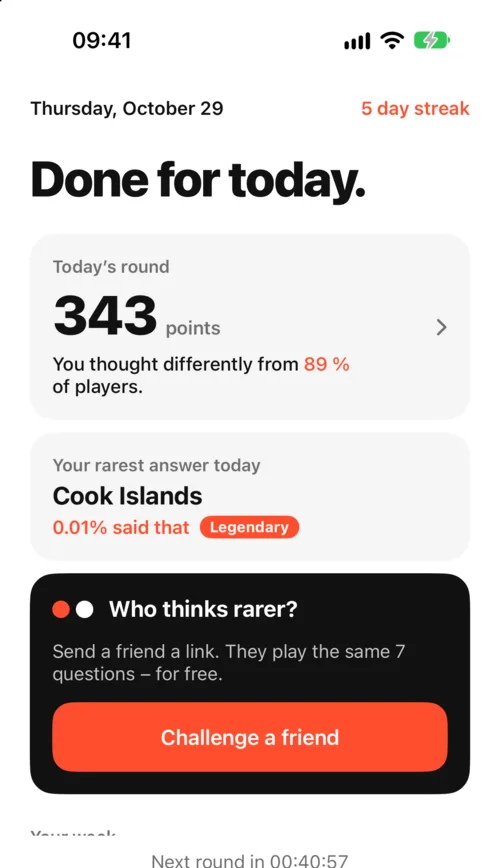 Rarely after a round: 343 points, thought differently from 89% of players, rarest answer Cook Islands, said by 0.01%